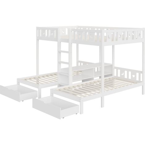 Lit mezzanine avec échelle, espace de rangement et deux tiroirs, barrière de sécurité au design étoile et lune, lit supérieur 140×200 cm, lit inférieur 90×200 cm, cadre de lit en bois massif, lit supe (1/5)
