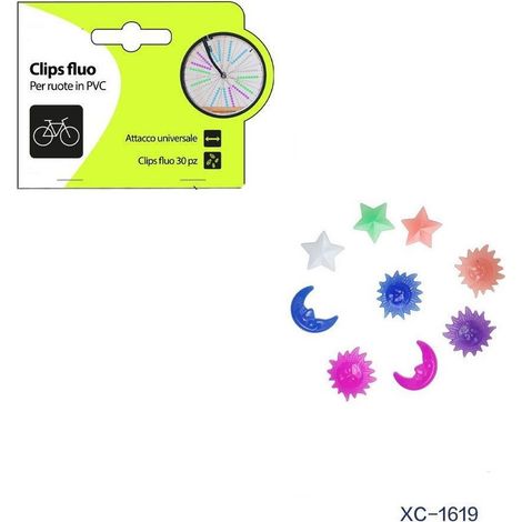TRADE SHOP - Set 30pz Clips Fluo Colorate Stelle Luna Sole In Pvc Per Raggi Ruote Bici Xc-1619 -