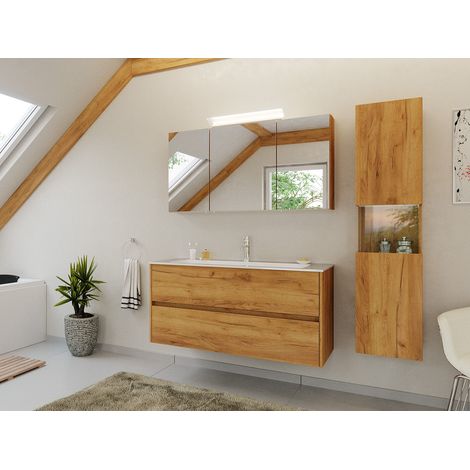 Badmöbel Set Taifun 3tlg. 120 cm mit Spiegelschrank und Hochschrank eiche gold (1/5)