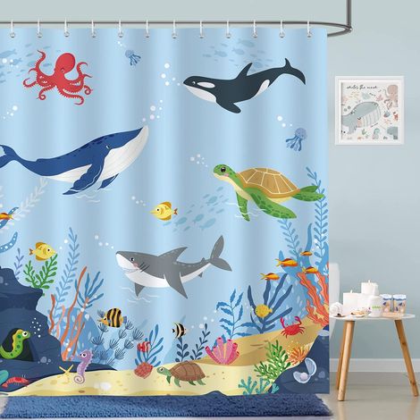 CCYKXA  Underwater Ocean Blue Shower Curtain - Fish and Dolphin Design for Children - Waterproof, Washable, Anti-Mold Polyester Fabric - Bathroom 180 x 180 cm with 12 Hooks (1/5)