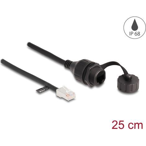 Delock Cable RJ45 macho a RJ45 hembra para empotrar con tapa de sellado Cat.5e FTP IP68 resistente al polvo y al agua 25 cm negro