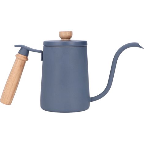 Bouilloire Verseuse à Bec 600ml en Acier Inoxydable Alimentaire, Poignée en Bois Ergonomique, Trou d'Évent, Design Bec de Cygne Bleu