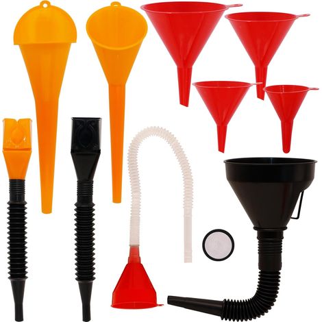 Ensemble de 9 entonnoirs automobiles – Entonnoirs à huile en plastique avec tuyau flexible pour le transfert d'essence, de liquide de refroidissement et de carburant, grands entonnoirs à essence pour