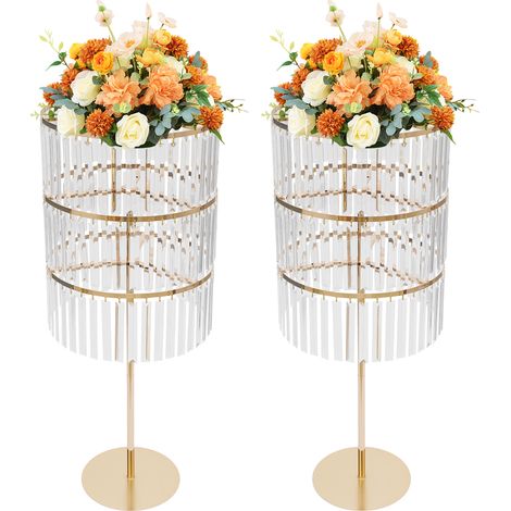 Lot de 2 supports à fleurs de mariage cylindriques sur pied en métal doré avec pendentifs cristal à 3 niveaux, centre de table décoratif, pour banquet, fête, événement et réception - 95 cm H (1/5)