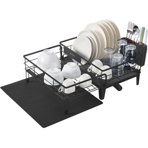 Égouttoir à Vaisselle, Support d’Assiette Extensible, Organisateur, Bec Rotatif 360° et Extensible, Bac d’Égouttement, Porte-Couverts, 31-56 x 42 x 20 cm, Noir d’Encre (1/5)