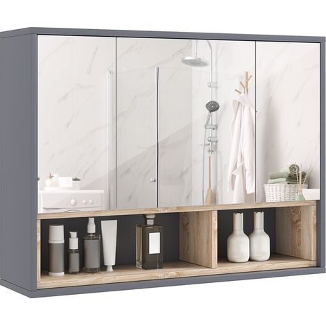 Miroir de salle de bain à 3 portes avec meuble à 8 compartiments et portes à fermeture amortie, 80 x 20 x 60 cm, gris (1/5)