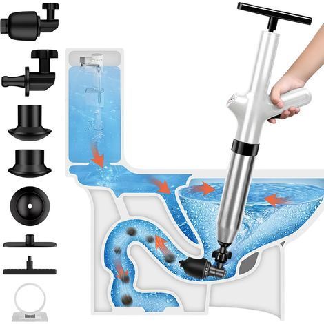 Déboucheur Toilette Air Comprimé avec 4 Têtes Remplaçables & Baromètre, Déboucheurs Pompe Canalisation WC, Ventouses Haute Pression pour Évier/Toilettes/Lavabo/Baignoire/Drain (1/5)