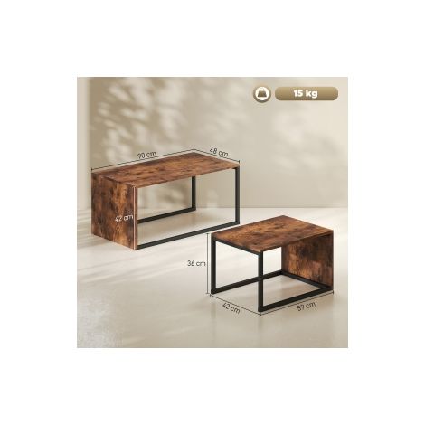 Ensemble de 2 tables basses gigognes avec plateaux noir et marron, pieds en métal et design multifonction pour salon (1/5)