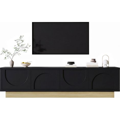 Meuble TV noir 175 cm au design courbe minimaliste, effet bois, grand espace de rangement avec 4 portes et passe-câbles discret pour salon moderne  CHICFURN (1/5)
