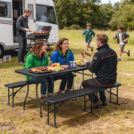 Conjunto de mesa y bancos plegables para picnic, 180 cm, con asas de transporte, color negro.