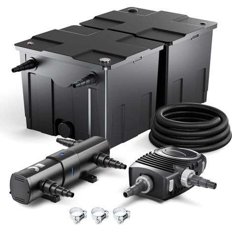SunSun Komplettset: CBF-350B Teichfilter bis 60000 L Teichfilteranlage Durchlauffilter, NEO8000 Teichpumpe 8000l/h 70W, CUV-236 Teichklärer 36W, 10m Teichschlauch 38 mm, Schlauchschellen W1 44-47mm (1/5)