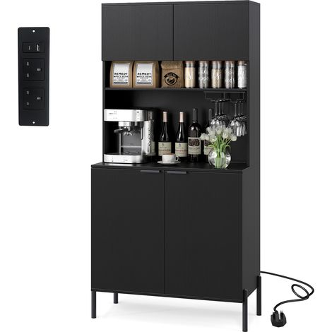 COSTWAY Kitchen Pantry Cabinet 164cm Kitchen Storage Hutch w/Power Outlets-Black (1/5)