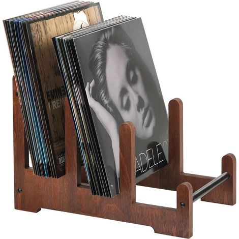 Présentoir pour disques vinyles, présentoir pour collectionneur de CD, en bois massif style rétro, capacité de 60 pièces, multifonctionnel, pour CD, albums, albums photo (rangement/présentation) (1/5)
