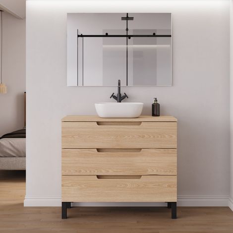 Meuble de salle de bain 100cm avec plateau et vasque à poser arrondie - 3 tiroirs - roble era (chêne clair) - RIZA (1/5)