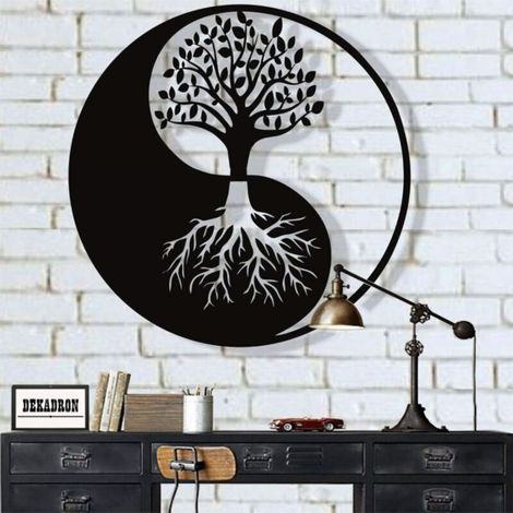 Metal Wall Art - Tree of Life - Yin Yang Metal Wall Decor 28 x 28 cm Black (1/3)