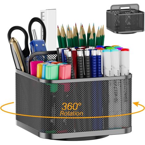 Organiseur de bureau rotatif à 360 ° pour accessoires de bureau, organiseur de bureau avec 5 compartiments, boîte de rangement pour stylos pour bureau (noir, carré) (1/5)