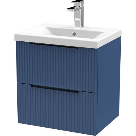 Fluted Front Wall Hung 2-Drawer Bathroom Vanity Unit with 1 Tap Hole Basin, 500mm, Satin Blue, Black Handles