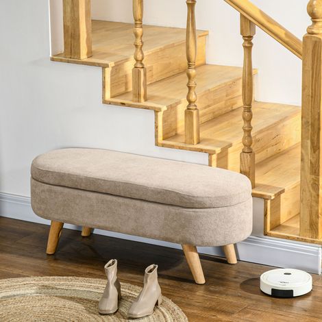 Banco de almacenamiento para dormitorio con espacio de almacenamiento retráctil, banco acolchado con patas de madera y poliéster para recibidor y sala de estar, 110x40x43 cm, beige.