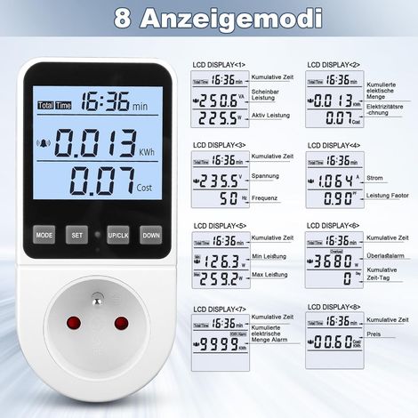 Wattmètre Prise Compteur d'Énergie avec 8 Modes, Prise Consommation Electrique Wattmètre Écran LCD Rétroéclairé, Mesure Consommation d'Énergie Compteur Électrique avec Alarme Sonore de Surcharge 3680W (1/4)