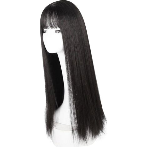 Perruque longue noire lisse avec frange, résistante à la chaleur, élégante et tendance, en synthétique, 72 cm (28,3 pouces).
