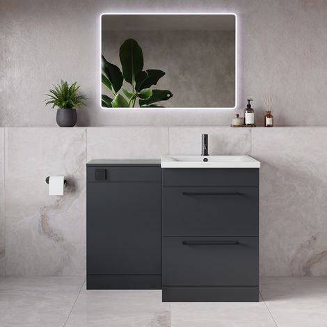 Napoli 460 Gloss Grey 1100mm 2 Drawer Vanity Unit Toilet Suite with Glide Basin - 1100mm - Matt Black 320mm HandleWithout Kingston Toilet Pan