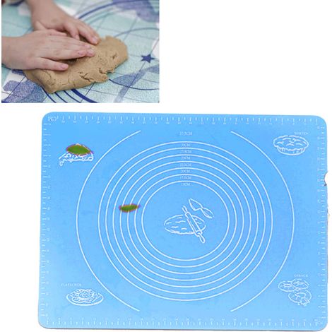 Tapis de pétrissage en silicone, tapis de cuisson en silicone, de qualité alimentaire, épais, gradué, isolant thermique, surface de travail, bleu. (1/5)