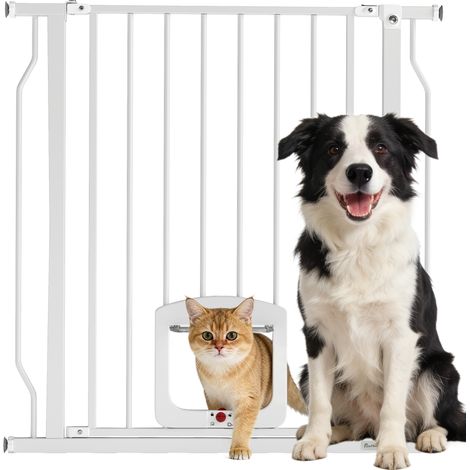 Cancello per Cani e Gatti Estensibile con Gattaiola Integrata, in Acciaio e ABS, 75-85x2x76 cm, Bianco