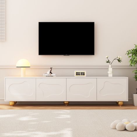Meuble TV 180x40x45 cm, Banc TV bas design nuage mignon pour salon, Support TV pour téléviseur jusqu'à 75 pouces avec 2 placards, Blanc (1/5)