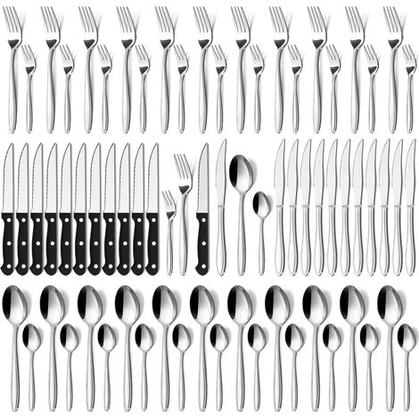 Lot de 72 couverts en acier inoxydable pour 12 personnes avec couteaux à steak, fourchette, cuillère pour la maison, le restaurant, la fête, passe au lave-vaisselle (1/5)