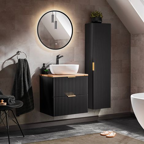 Conjunto de muebles lavabo individual 60cm y columna Adriel Negro y Madera (1/4)