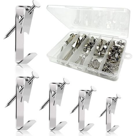 Kit de 120 piezas para crochet mural para marco de fotos, kit de ganchos de sujeción para cuadros, ganchos de pared para colgar marcos de fotos, espejos y obras de arte (5 tamaños, plata) (1/5)