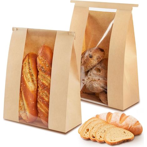 100 PCS Large Paper Bread Bags, 13.7 x 8.2 x 3.5 Inches Bakery Bags with Window, Homemade Bread Loaf Bags with Tin Tie Tab Lock and Seal Stickers (1/5)