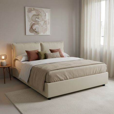 Talamo Italia Lit double Agnese, Lit conteneur avec revêtement en tissu, 100% Made in Italy, Ouverture frontale, convient pour matelas cm 140x190, Beige, avec emballage renforcé (1/5)