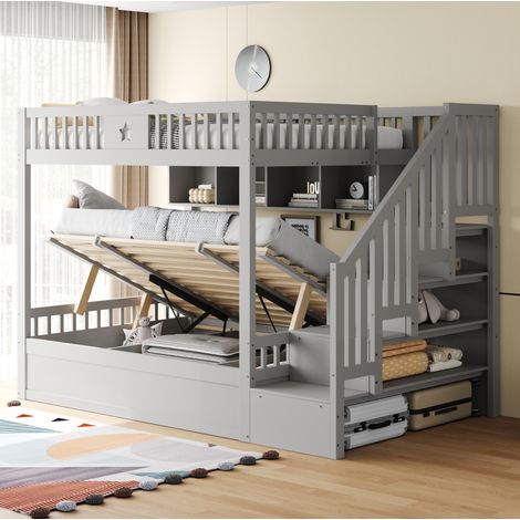 Letto a castello 140 x 200 cm con contenitore idraulico, scala e mensole grigio HAVRYA (1/5)