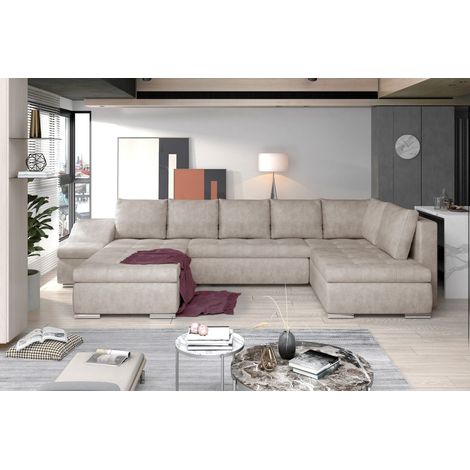 Canapé panoramique GYOVANI beige angle gauche convertible avec têtières (1/2)
