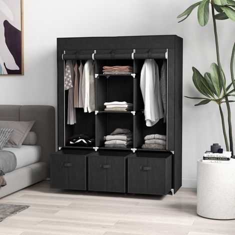 Armoire tissu 125x43x162,5 cm avec housse zippée, 2 tringles, 5 étagères et 3 tiroirs en tissu, dressing portable noir avec structure acier (1/5)