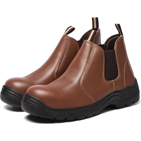 Men's Women's Work Boots, Steel Toe, Slip-On Leather Shoes, Comfortable and Beautiful, Brown - 39 (1/5)