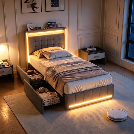 Cama individual 90x200 cm – Iluminación LED integrada – 2 cajones metálicos – Puertos USB y USB-C – Base de láminas – Ropa de cama gris (1/5)