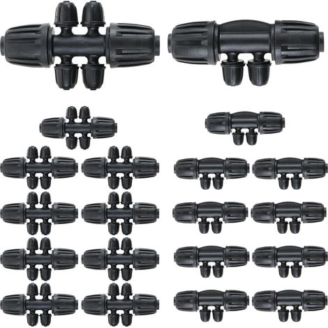 Lot de 20 robinets d'irrigation goutte à goutte 1/2" à 1/4" pour 16 mm (10 pièces Barbed Tee 4 voies + 10 pièces Barbed Tee 6 voies) (1/5)