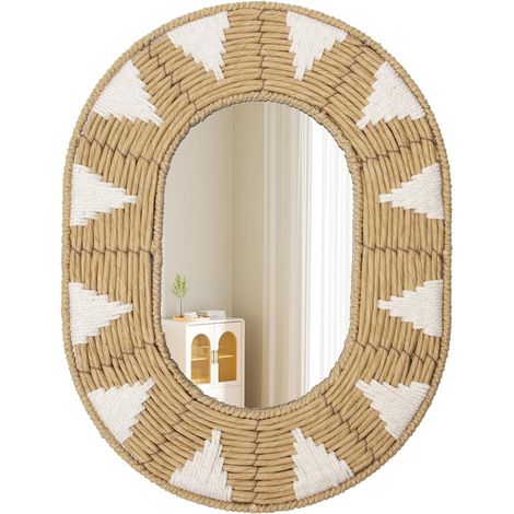 Miroir mural ovale en rotin - Style bohème - Avec crochet en métal - Décoration murale bohème - Pour salle de bain, entrée, salon, chambre (1/5)