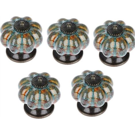 5x Poignée de Tiroir en Céramique Style Européen Boutons Meuble en Forme de Citrouille Vintage Bleu avec Vis (1/5)