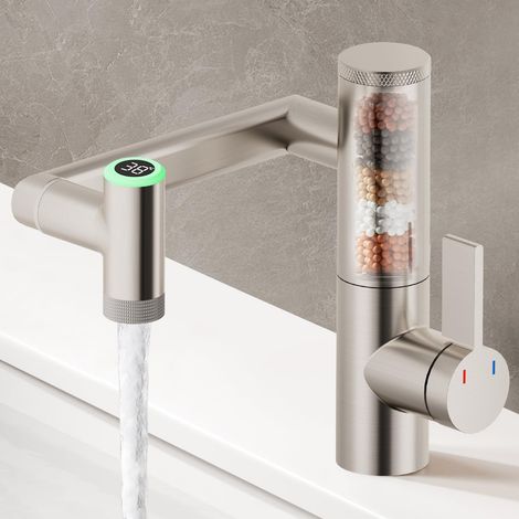 Robinet de salle de bain rotatif à 1080° avec filtre, robinets de lavabo avec indicateur de température, mitigeur monocommande pour lavabo, robinet de lavabo de salle de bain (avec filtre (1/5)