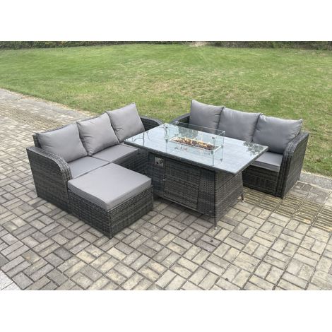 Fimous Salon de jardin avec Table de foyer à gaz 7 places Canapé Lounge Set Gris foncé mixte (1/5)