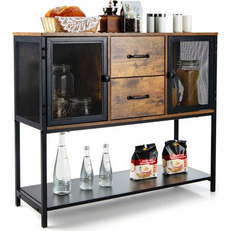 COSTWAY Sideboard industriell, Konsolentisch mit 2 Gitterschraenken und 2 Schubladen, Beistelltisch 100 x 35 x 85cm (1/5)