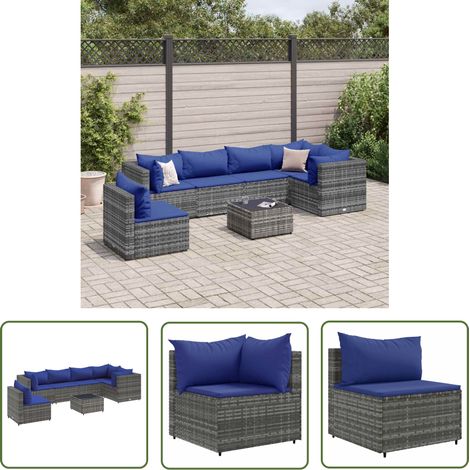 The Living Store Salon de jardin 7 pcs avec coussins Gris Résine tressée - Salon De Jardin - Meuble De Jardin - Set De Salon - Résine Tressée - Rotin Synthétique (1/5)
