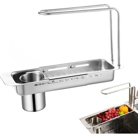 Organisateur d'évier - Égouttoir extensible en acier inoxydable - Porte-couverts multi-compartiments - avec rangement pour éponges et bac de récupération pour la vaisselle et le plan de travail - arge (1/5)