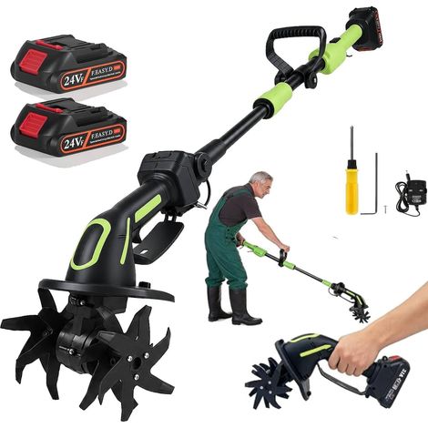 Motobineuse Electrique sans Fil 21V, Motoculteur avec 2 1500mAh Batteries, 1,3m Bineuse Electrique sans Fil, Largeur de Travail 10cm, Profondeur de Travail 10cm,pour Pelouse/Jardin/Travaux du Sol (1/5)