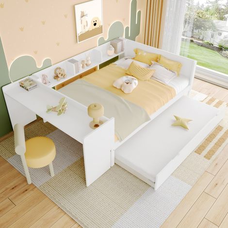 Lit Gigogne 140x200+90x190 cm - Lit Enfant Multifonction - avec Bureau et Étagères de Rangement - Pin Massif et Aggloméré - Blanc (1/5)