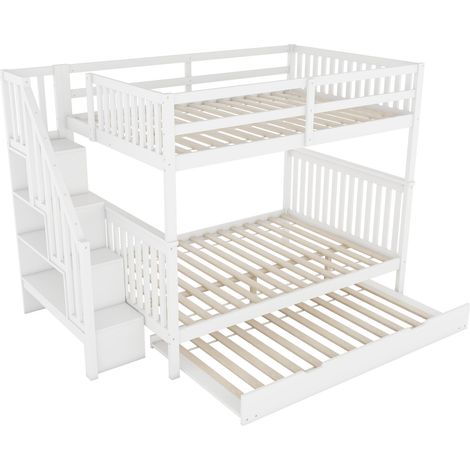 Lit superposé 140x200 avec lit gigogne coulissant et escalier de rangement, cadre en bois massif blanc pour chambre d'enfant. (1/5)