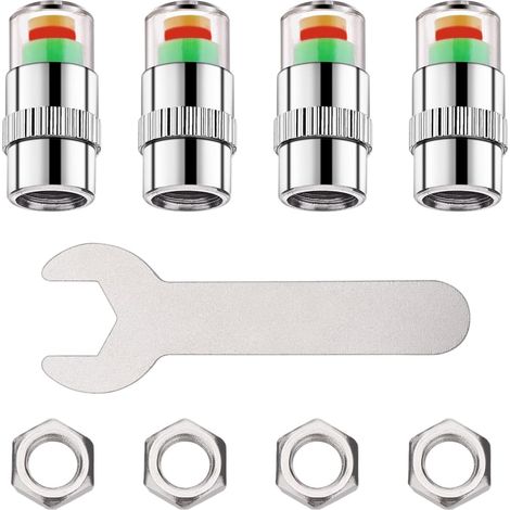 Bouchons de Tige de Valve de Moniteur de Pression de Pneu de Voiture, 4 pcs universels indicateur de capteur de Pneu Bouchons de Valve de Pneu + 4 pcs écrou antivol + clé, 3 Couleurs Moniteur